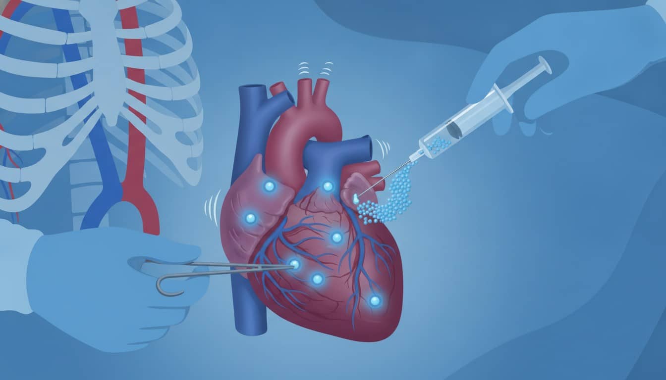 Surgical procedure showing stem cell injection during heart bypass surgery