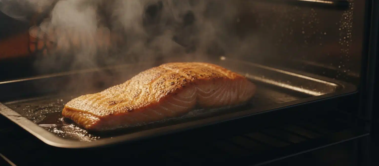 Salmon fillet with crispy browned skin cooking inside a superheated steam oven with wisps of steam rising