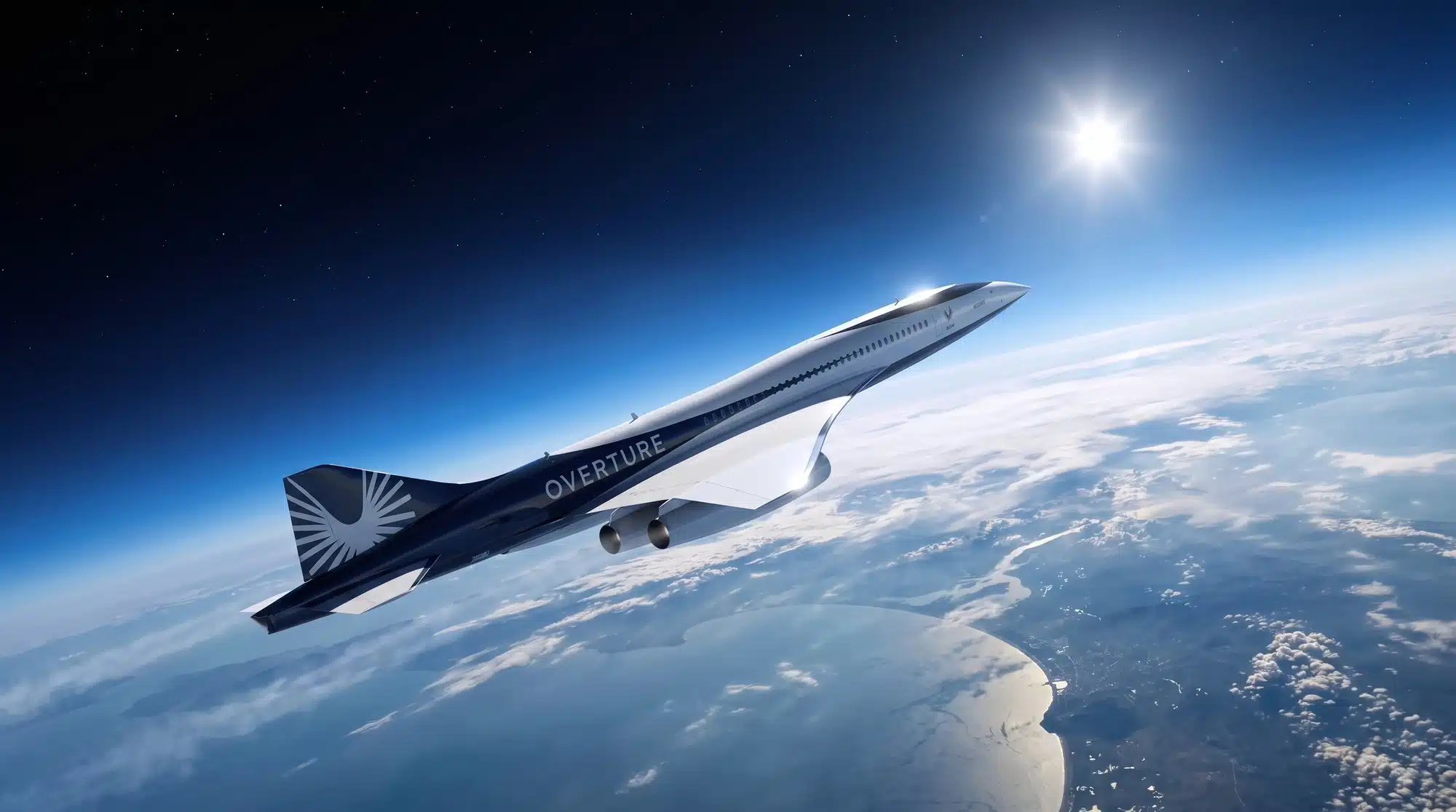 A dark blue and white supersonic jet named 'Overture' flies high above the Earth's atmosphere, with the sun shining brightly and stars visible in the dark sky.