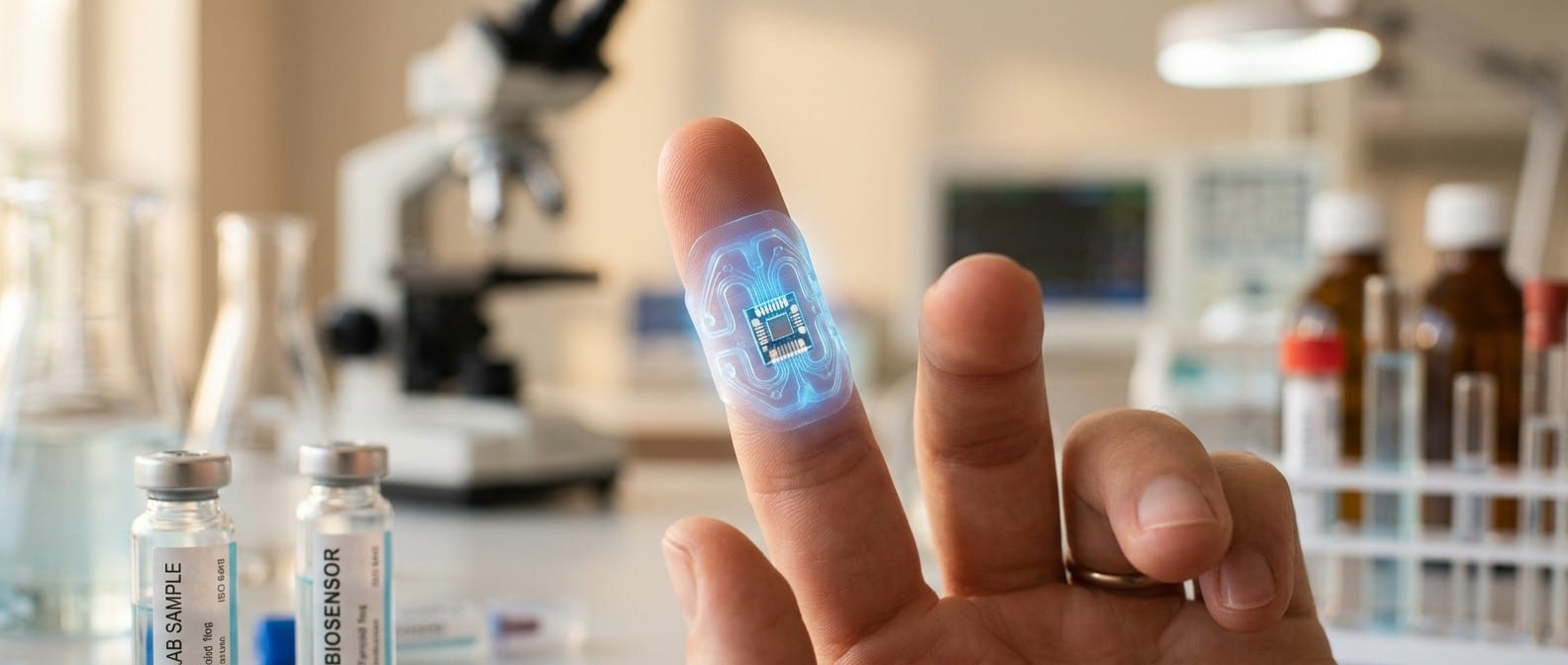 Sweat-Powered Patch Tracks Parkinson’s Medication in Real Time Close-up of a soft, sweat-powered wearable patch on a fingertip, designed to monitor Parkinson's medication levels in real time