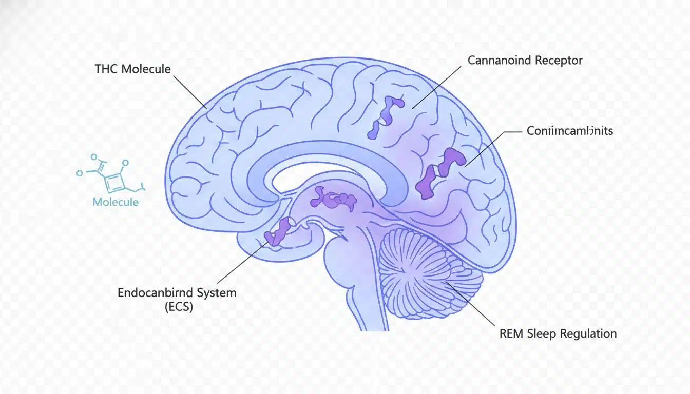 Diagram showing how THC interacts with brain endocannabinoid receptors during REM sleep