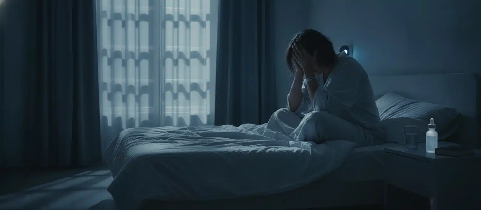 THC Medication Made PTSD Nightmares Disappear for More Than a Third of Patients Person experiencing PTSD-related nightmares sitting up in bed at night