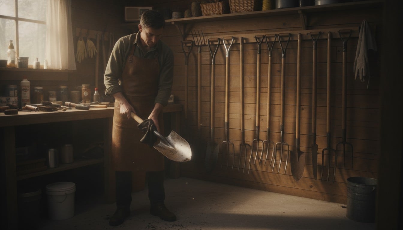 A gardener maintaining and cleaning garden tools in an organized shed