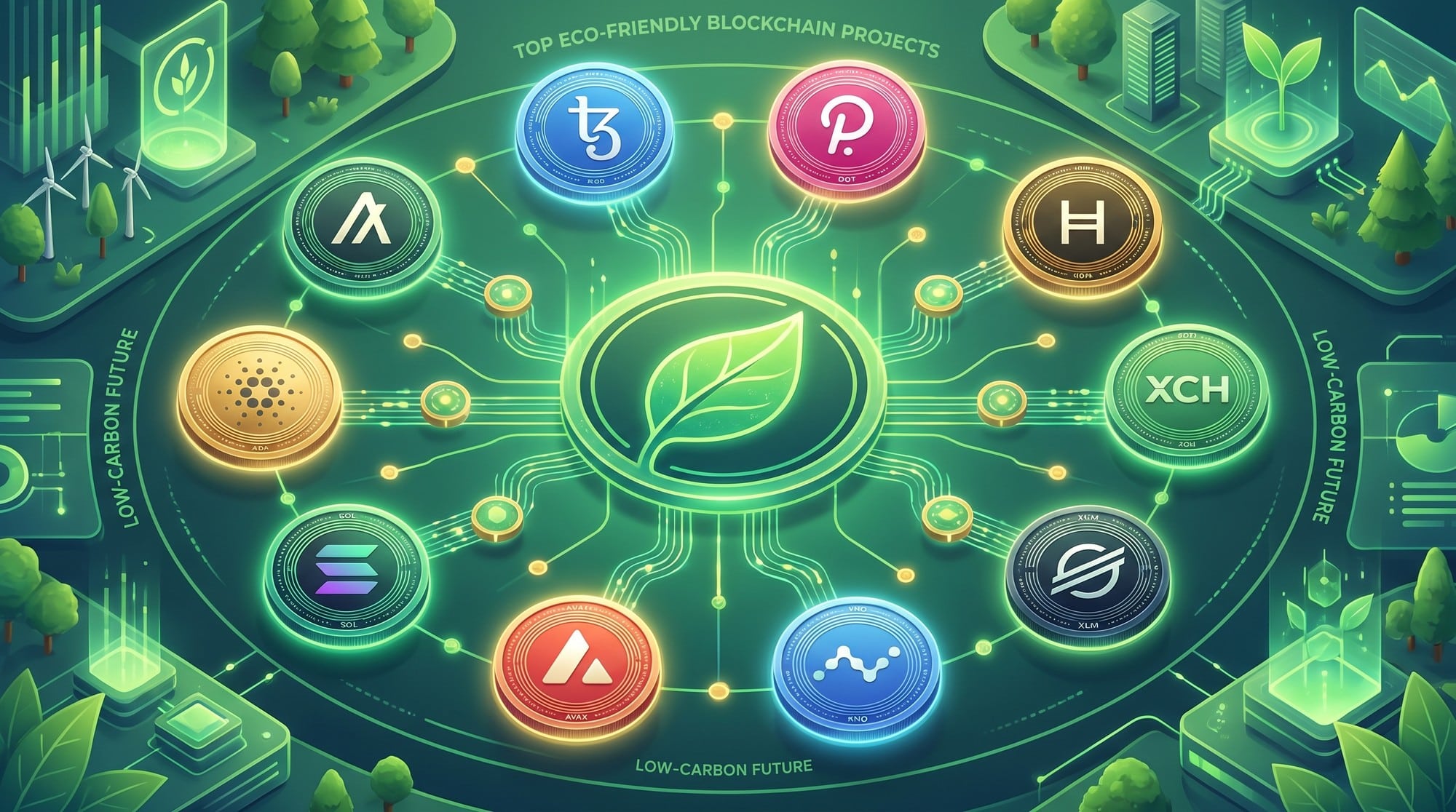 Ten glowing blockchain coins arranged around a green leaf emblem representing eco-friendly projects.