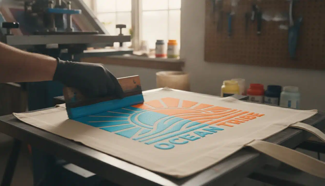 Close-up of screen printing process on a natural canvas tote bag showing vibrant ink application