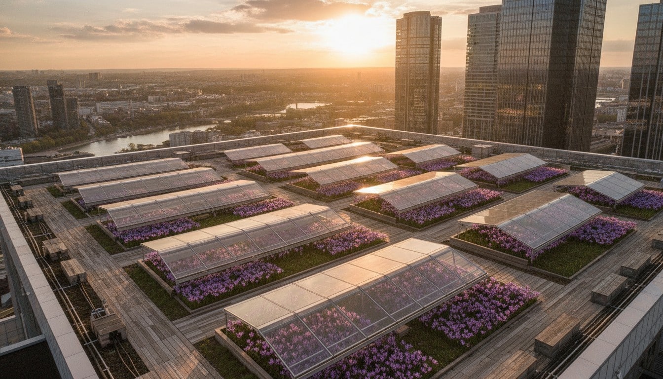Aerial view of urban rooftop with solar panels and saffron crocus flowers growing underneath