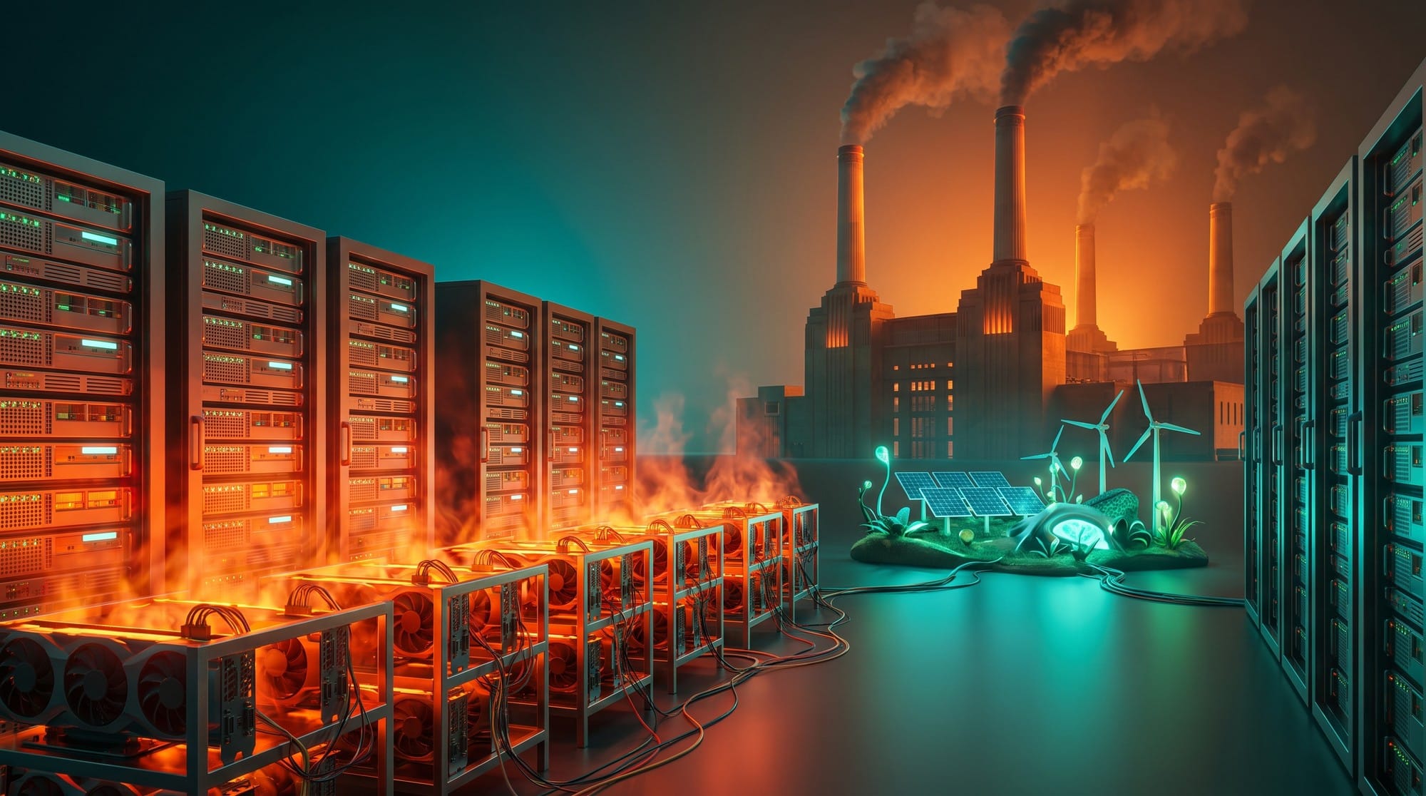 Energy-intensive cryptocurrency mining rigs contrasted with a shift toward green energy.