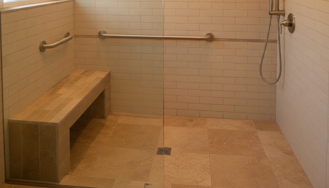 Step-free walk-in shower with grab bar and built-in bench