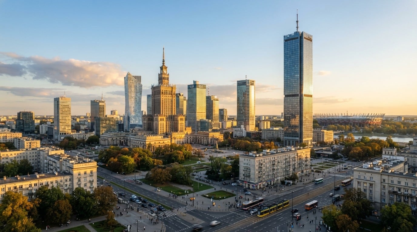 How Foreign Founders Can Set Up a Company in Poland Modern Warsaw business district skyline at golden hour representing Poland's economic growth