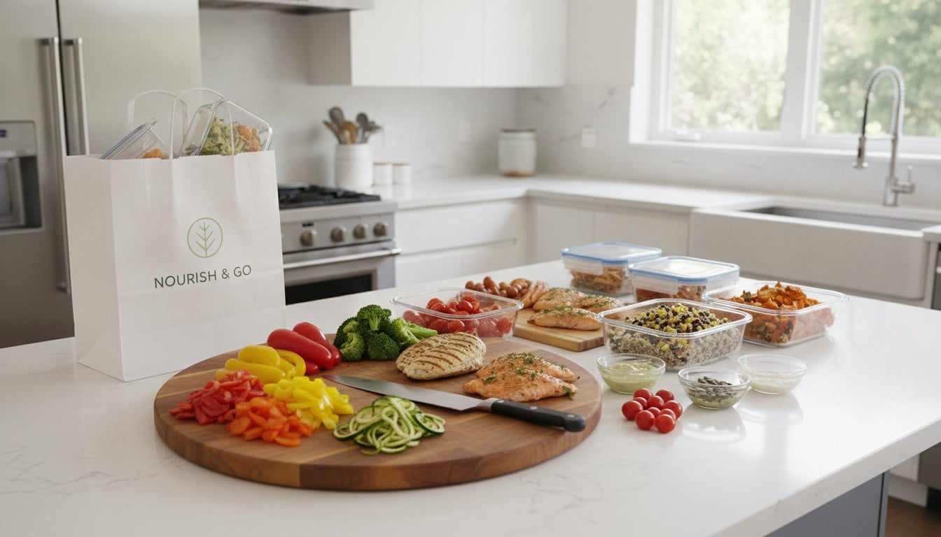 Fresh, nutritious meals being prepared in a modern kitchen with colorful vegetables and whole grains
