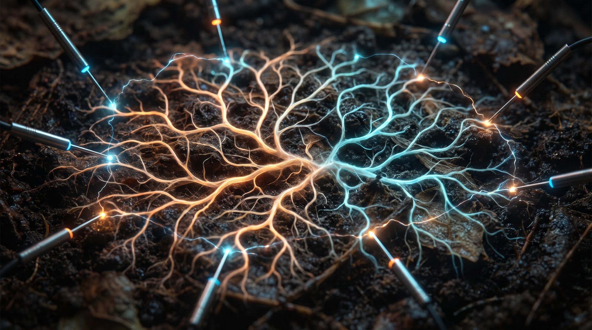 Close-up of glowing shiitake mycelium network with electrode pins, illustrating fungal memristor technology