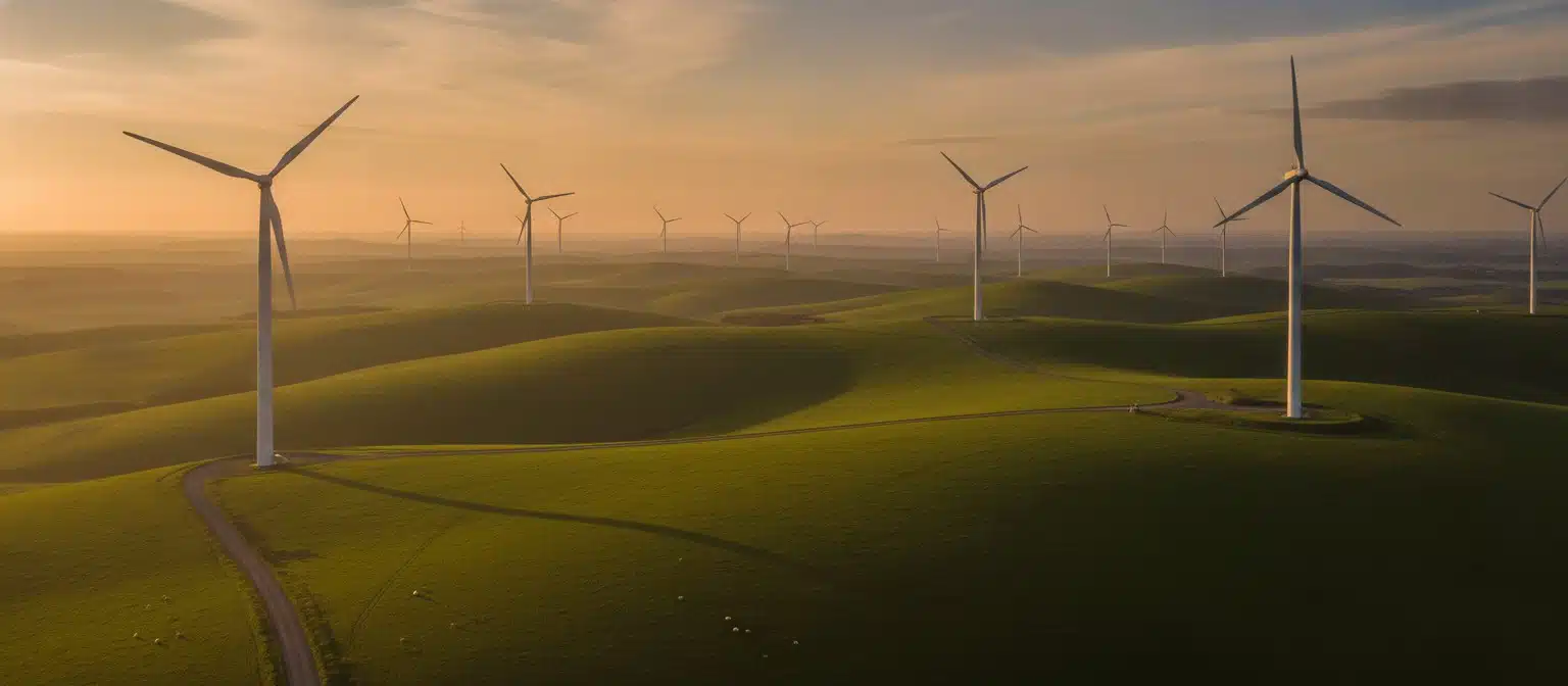 Wind Energy Advantages and Disadvantages: The Complete 2026 Guide Wind farm with large white wind turbines on rolling green hills at sunset