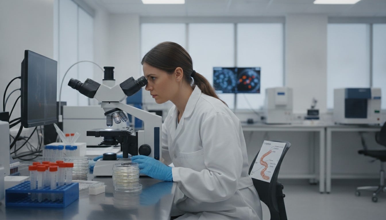 Close-up of laboratory researcher examining brain cell culture under microscope