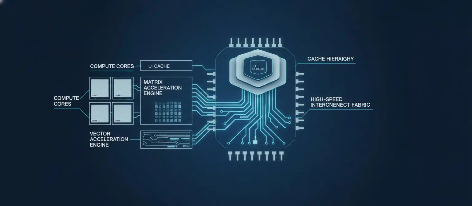 Technical architecture diagram of the XuanTie C950 showing 64 cores, AI acceleration engines, and cache hierarchy