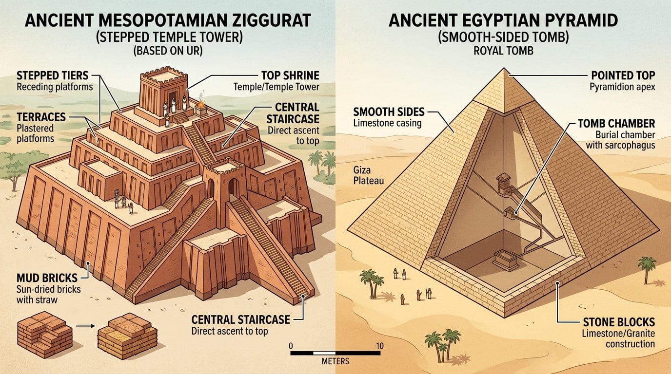 Comparison diagram showing the architectural differences between Mesopotamian ziggurats and Egyptian pyramids