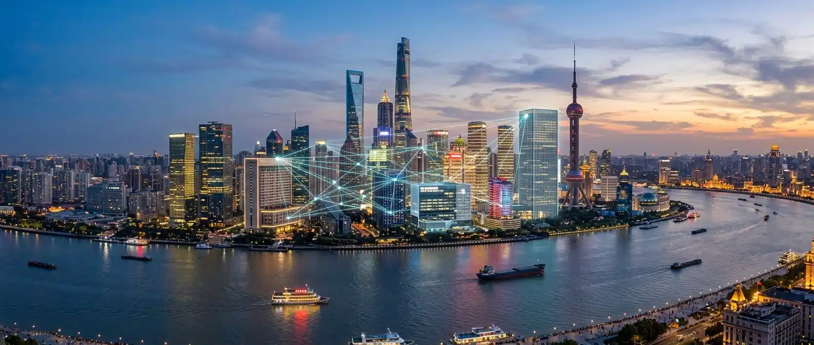 The $77 Billion Race to Reinvent AI in Clinical Trials Shanghai skyline at dusk with a glowing digital network linking hospitals and laboratories, representing a unified AI clinical trial platform