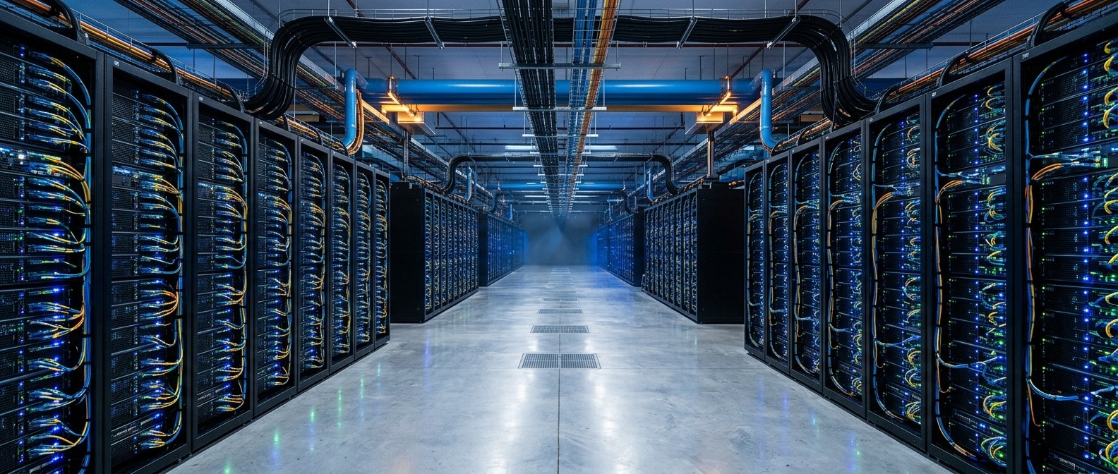 Wide-angle view of a modern AI datacenter server hall with rows of racks and blue indicator lights