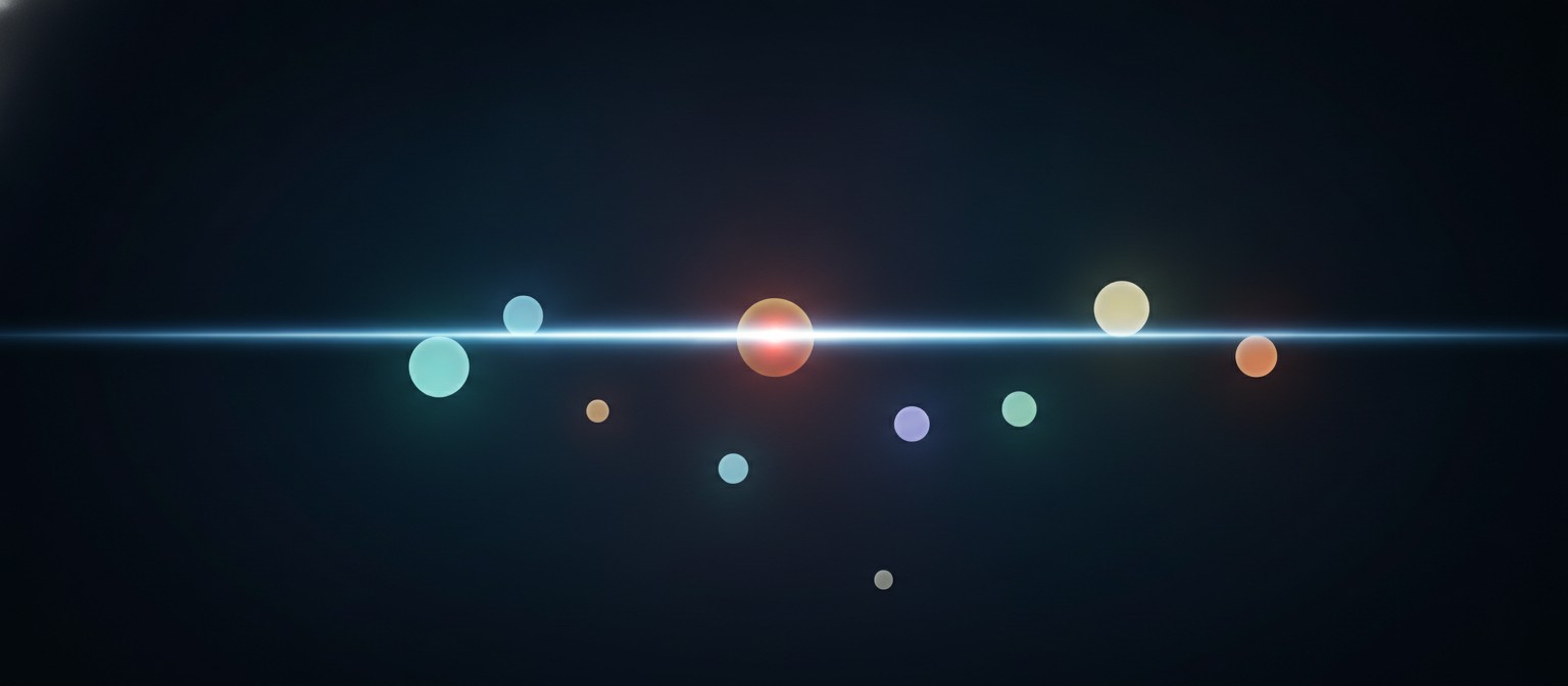 Glowing orbs hovering near a luminous threshold line, symbolizing the AI frontier