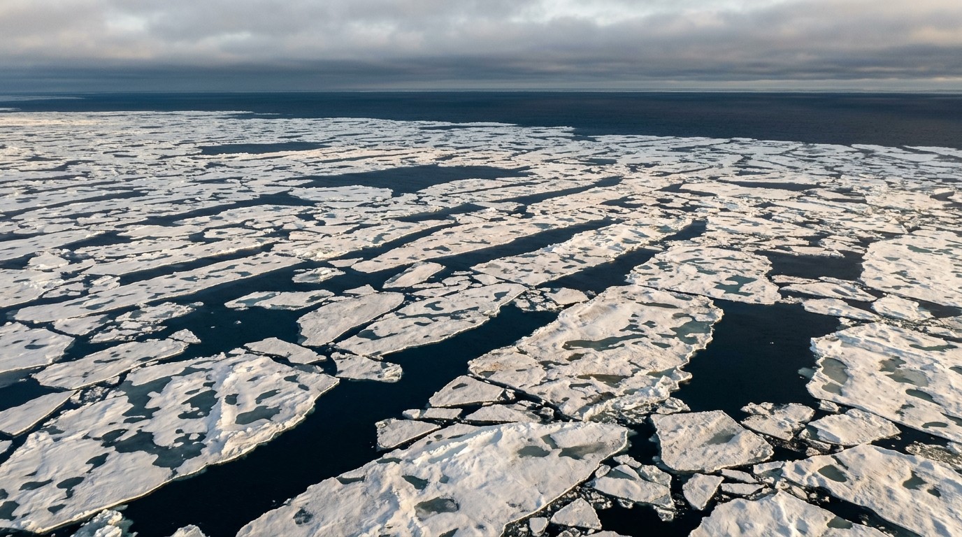 The Arctic Melt Season Stopped Growing in 2010. It Isn’t a Recovery. Thin broken first-year sea ice drifting apart across dark open Arctic Ocean water in late summer