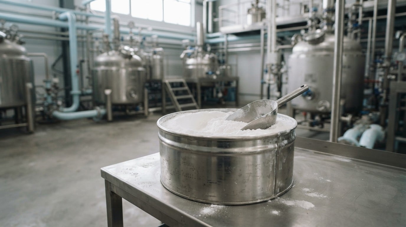 White battery-grade lithium carbonate powder in a stainless steel drum at a lithium processing plant