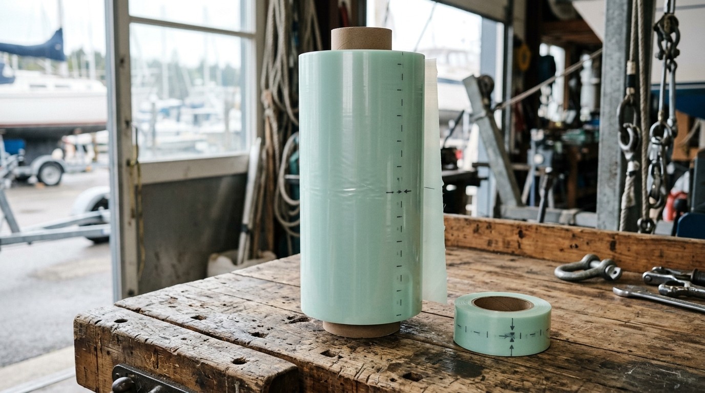 A large roll of pale green biodegradable shrink-wrap film with printed alignment marks on a marina workbench