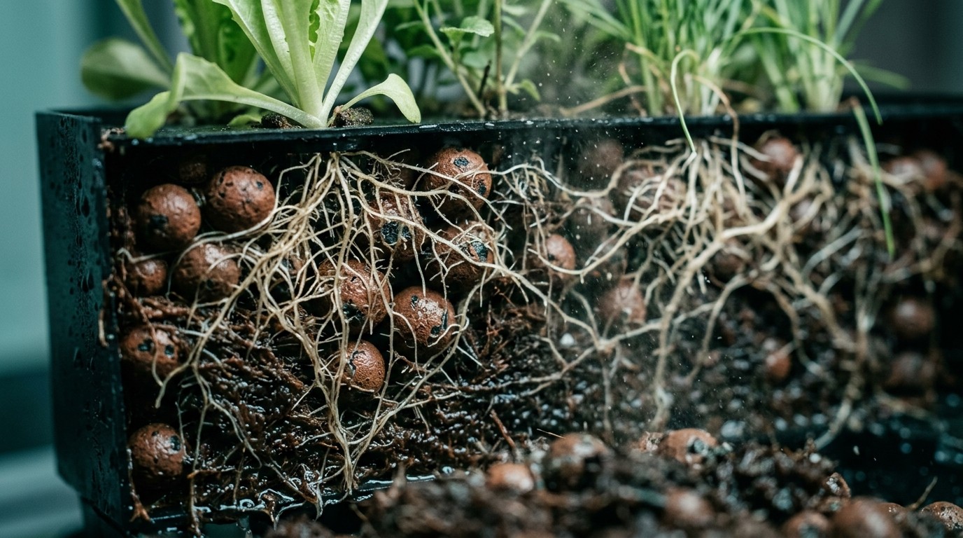 Close-up of plant roots threaded through the growing medium inside a living wall biofilter
