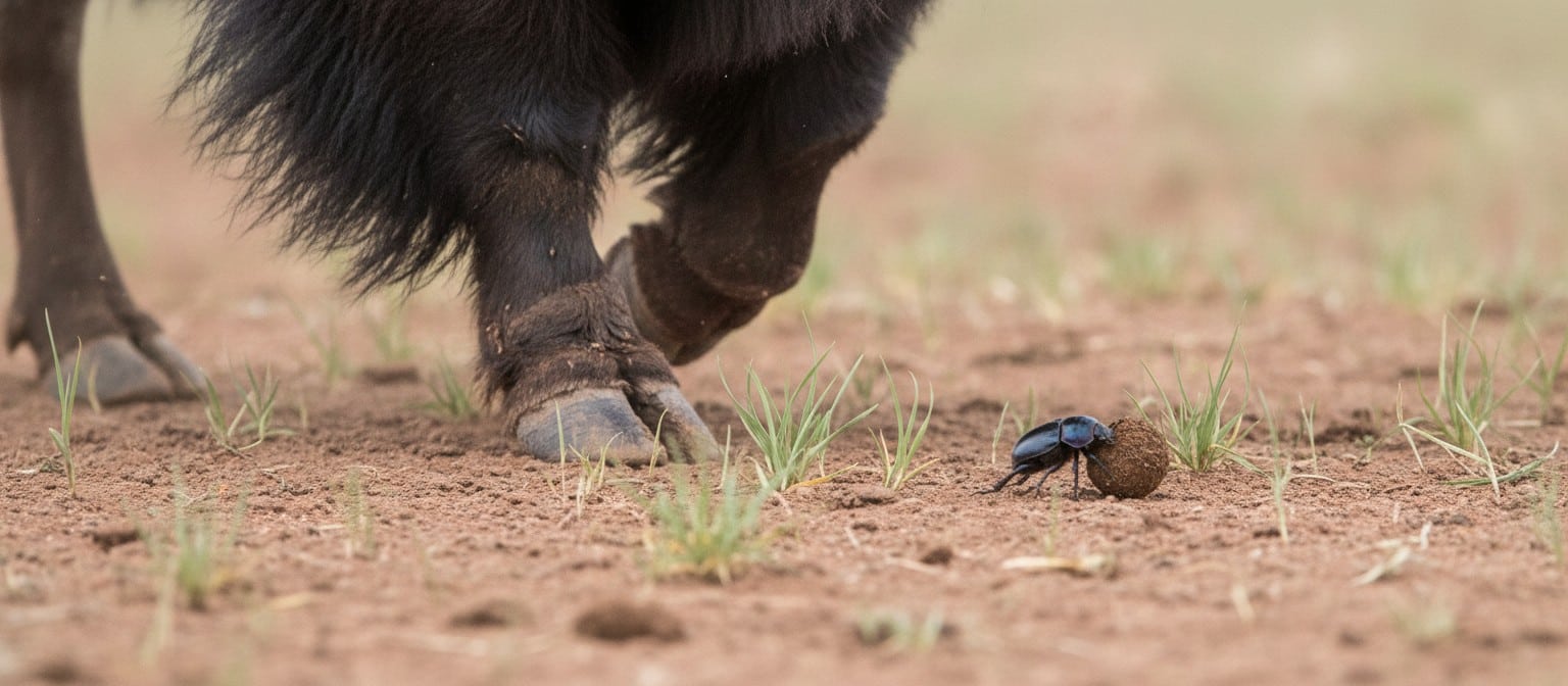 Close view of bison hooves tilling desert soil with grass sprouts and dung beetle