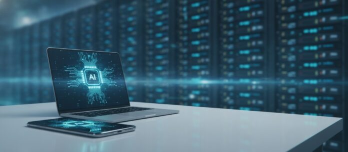 bonsai-2-27b-ternary-ai-featured Smartphone and laptop running a compact AI model while a data-center server rack fades into the background