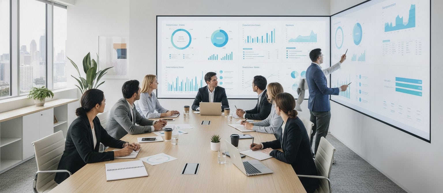 Business team reviewing analytics dashboard to improve decisions