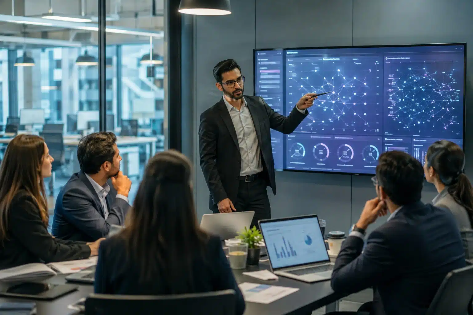 Tech PR in 2026: Strategies for Building Visibility in a Crowded Market A man in a suit points to a large screen displaying data and network graphics while a group of people watch him.