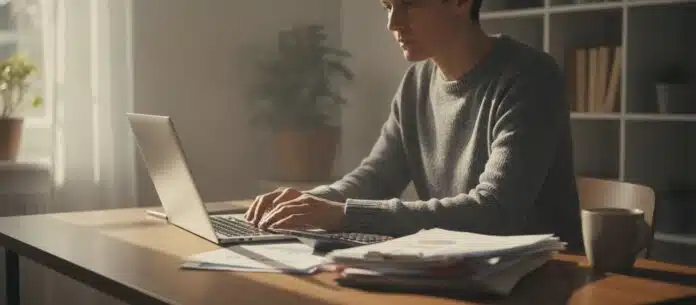 business-owner-financial-avoidance Business owner hesitating to open financial statements at desk