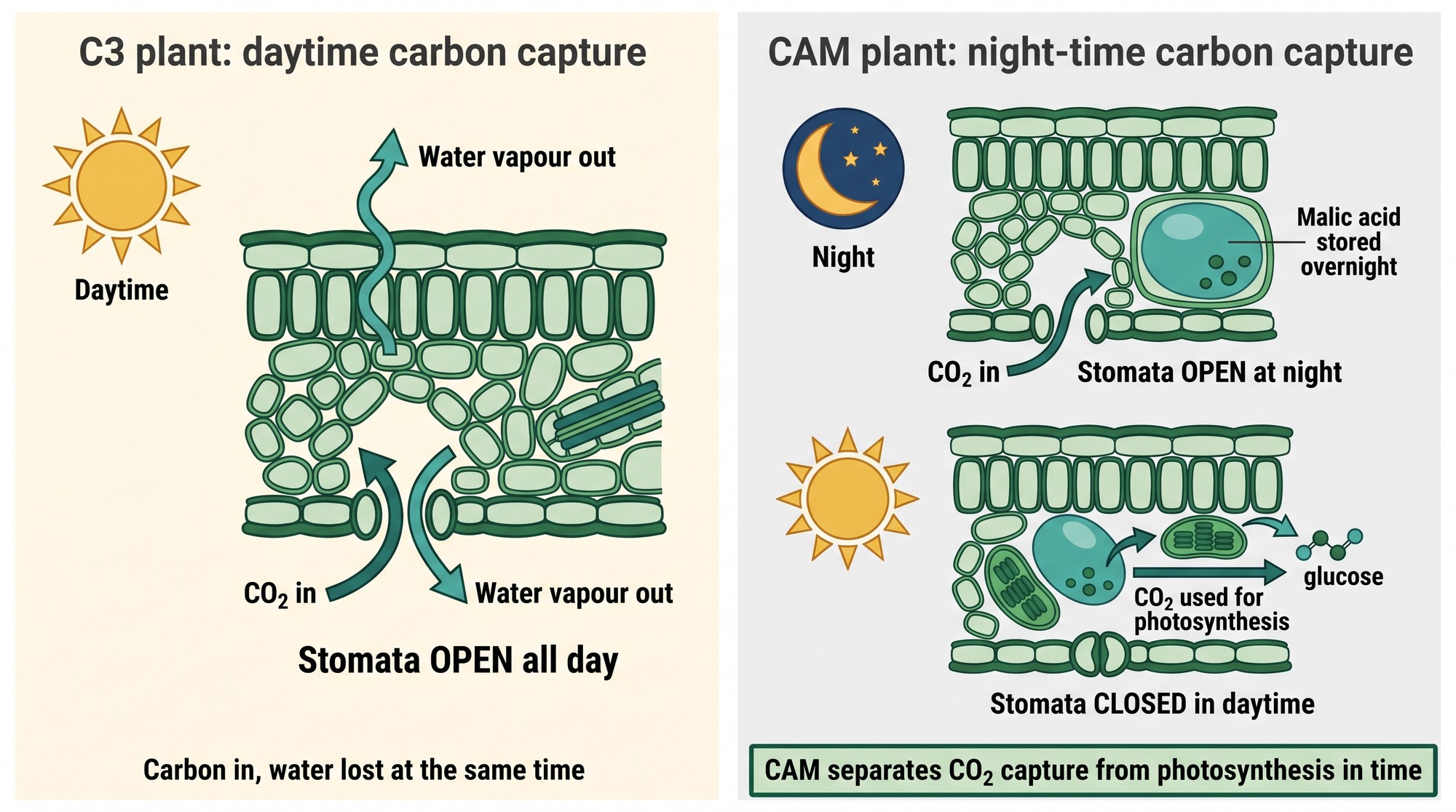 Infographic comparing C3 and CAM photosynthesis, showing C3 stomata open during the day and CAM stomata open at night with carbon dioxide stored as malic acid