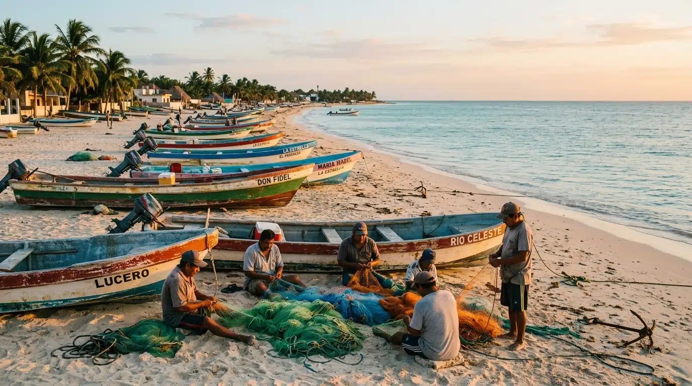 Small-scale artisanal fishing boats on the Campeche coast of Mexico's Yucatán Peninsula, where the Maya octopus fishery supports around 15,000 direct jobs.