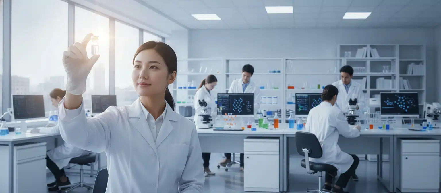 Upcoming Cancer Vaccines Could Prevent Millions of Cases Scientist holding a vaccine vial in a bright modern cancer research laboratory