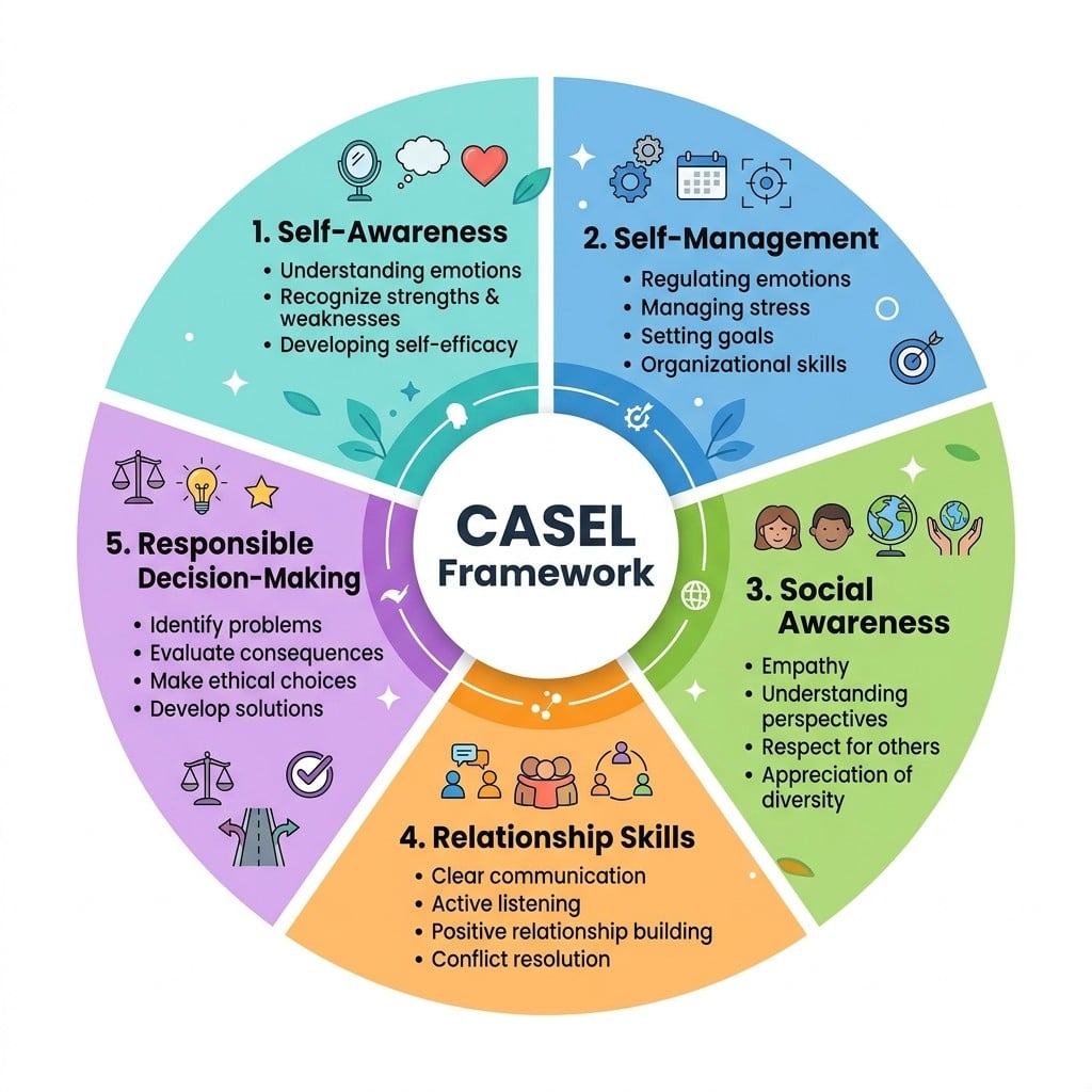CASEL five core competencies of social and emotional learning arranged in a wheel diagram