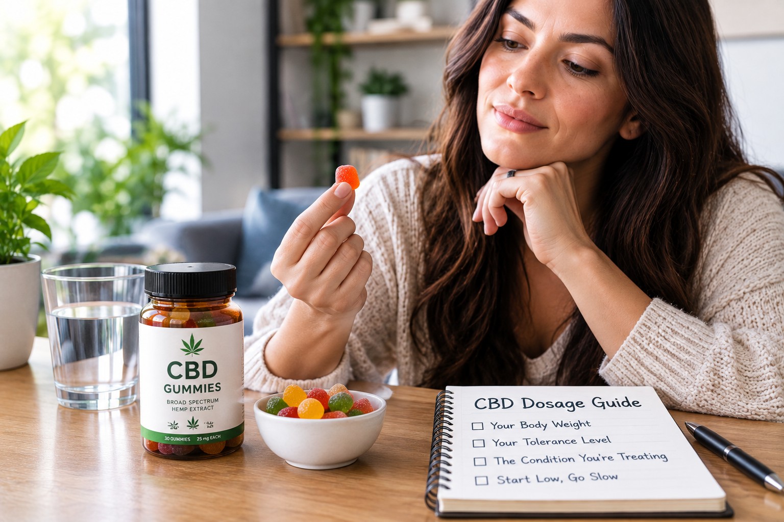 A woman looks at a single orange CBD gummy while a bottle of CBD gummies and a notebook labeled "CBD Dosage Guide" sit on a table.