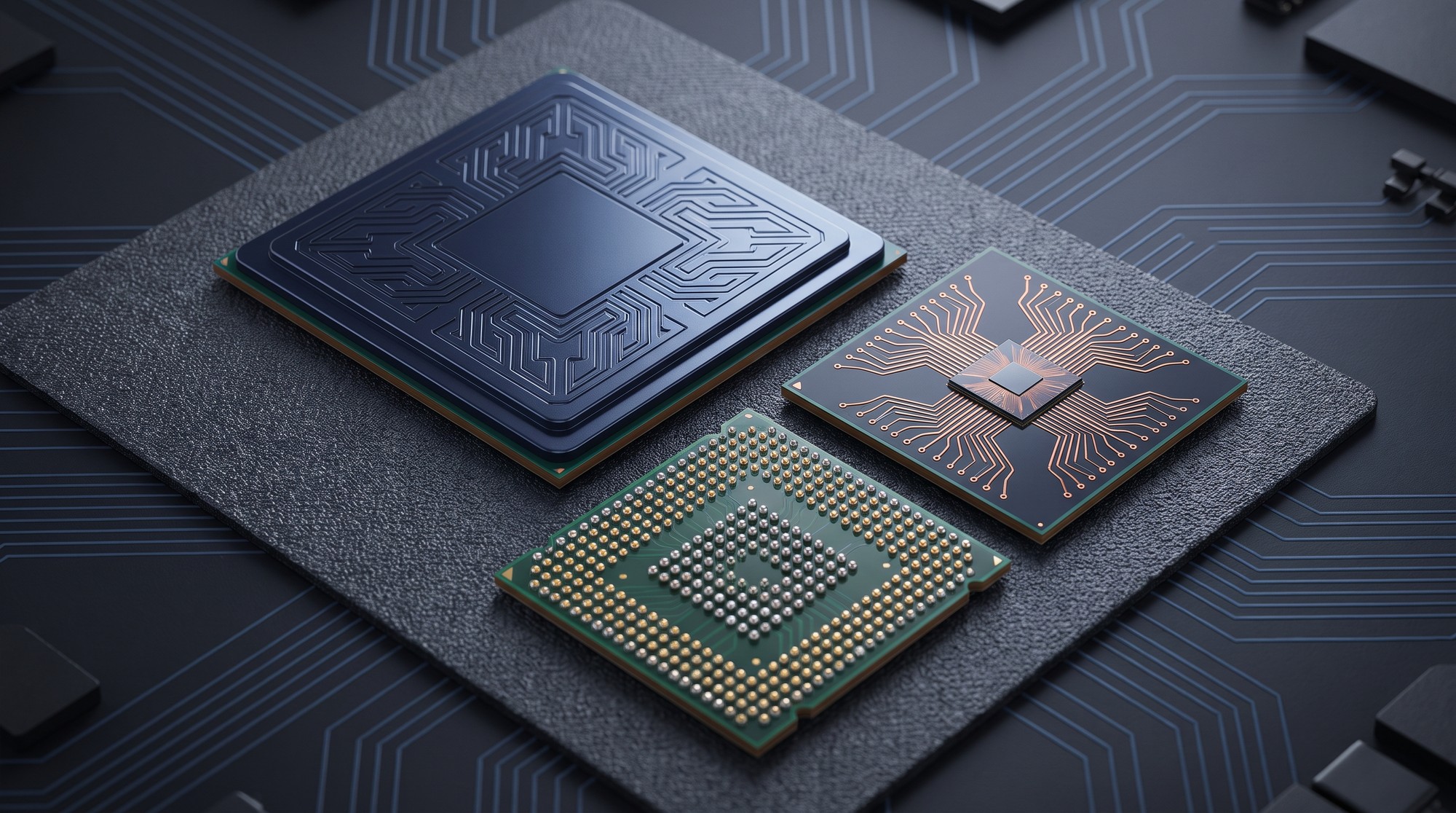 Close-up still life of Chinese-designed AI accelerator chips on a circuit board