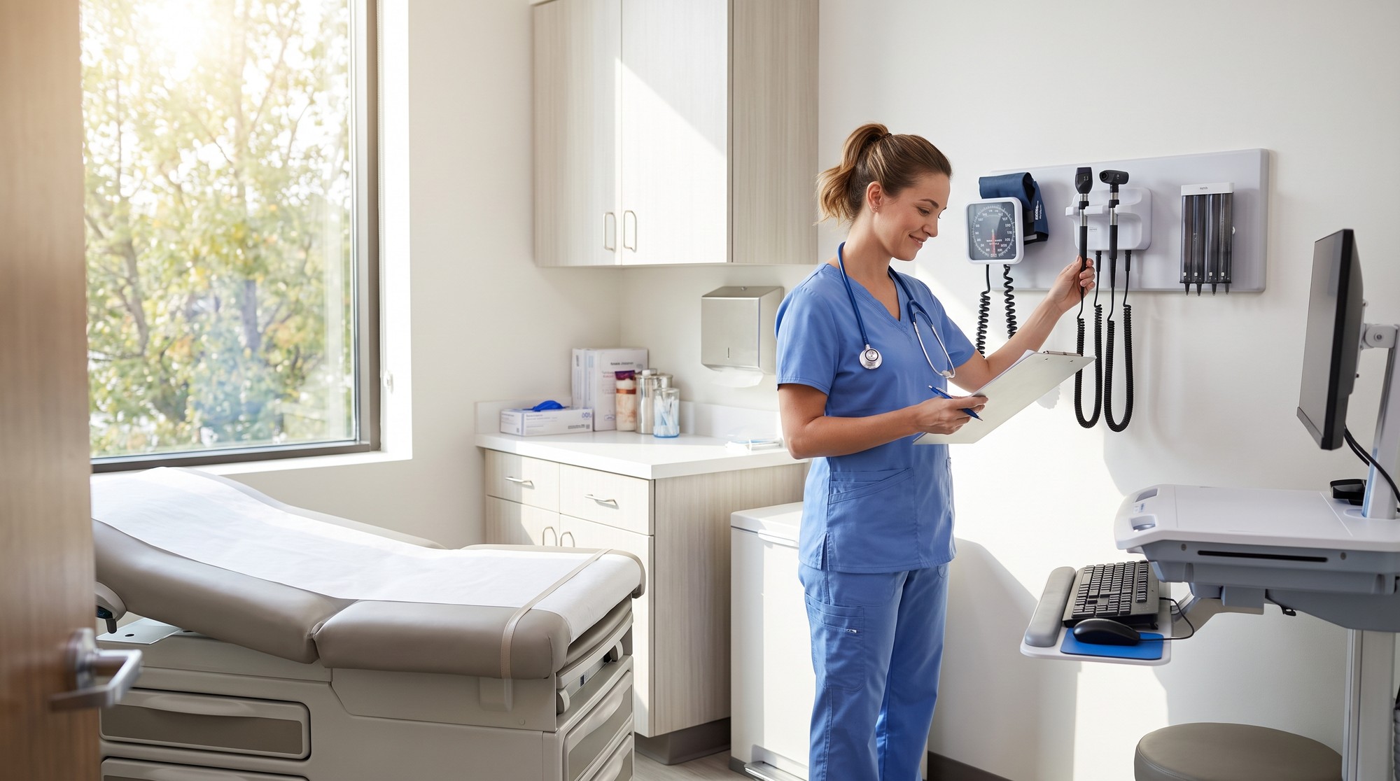 A clinical assistant preparing an examination room in an outpatient clinic