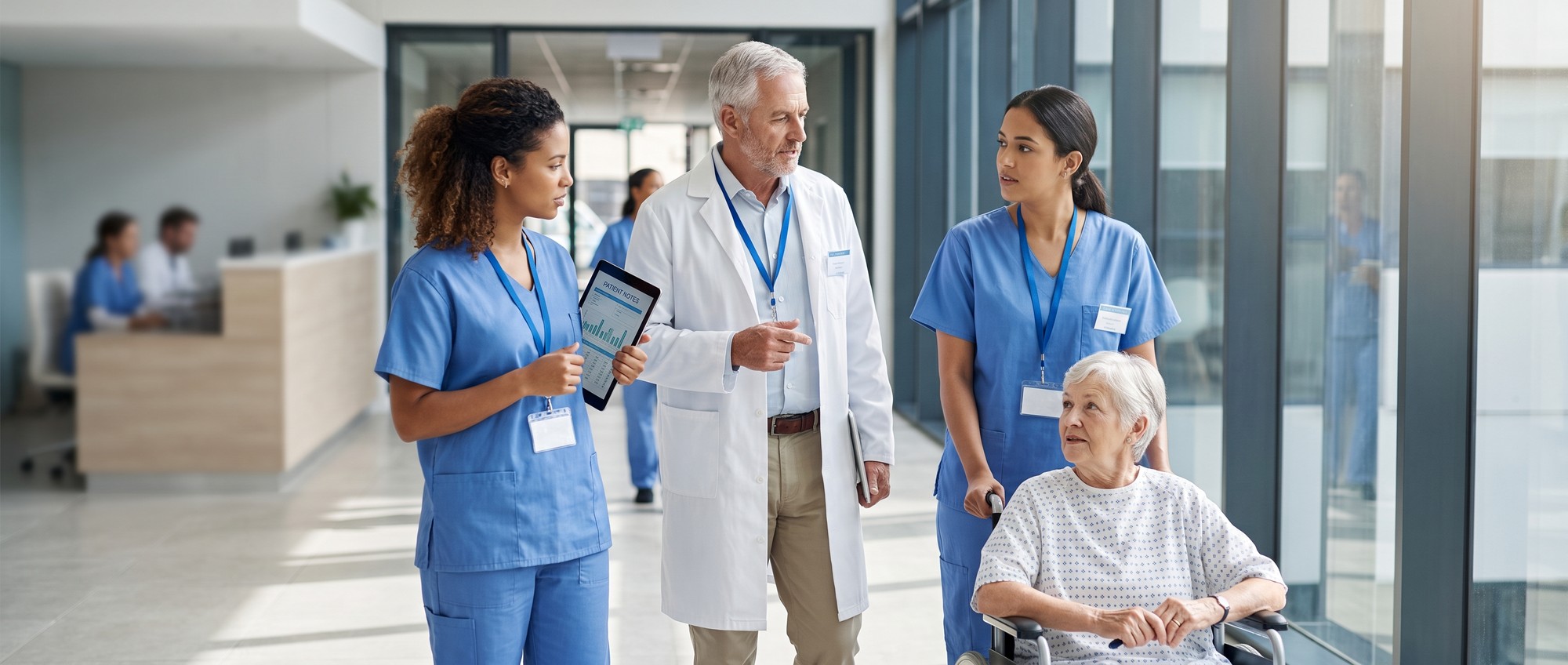 Clinical assistants supporting a physician and patient in a modern hospital corridor