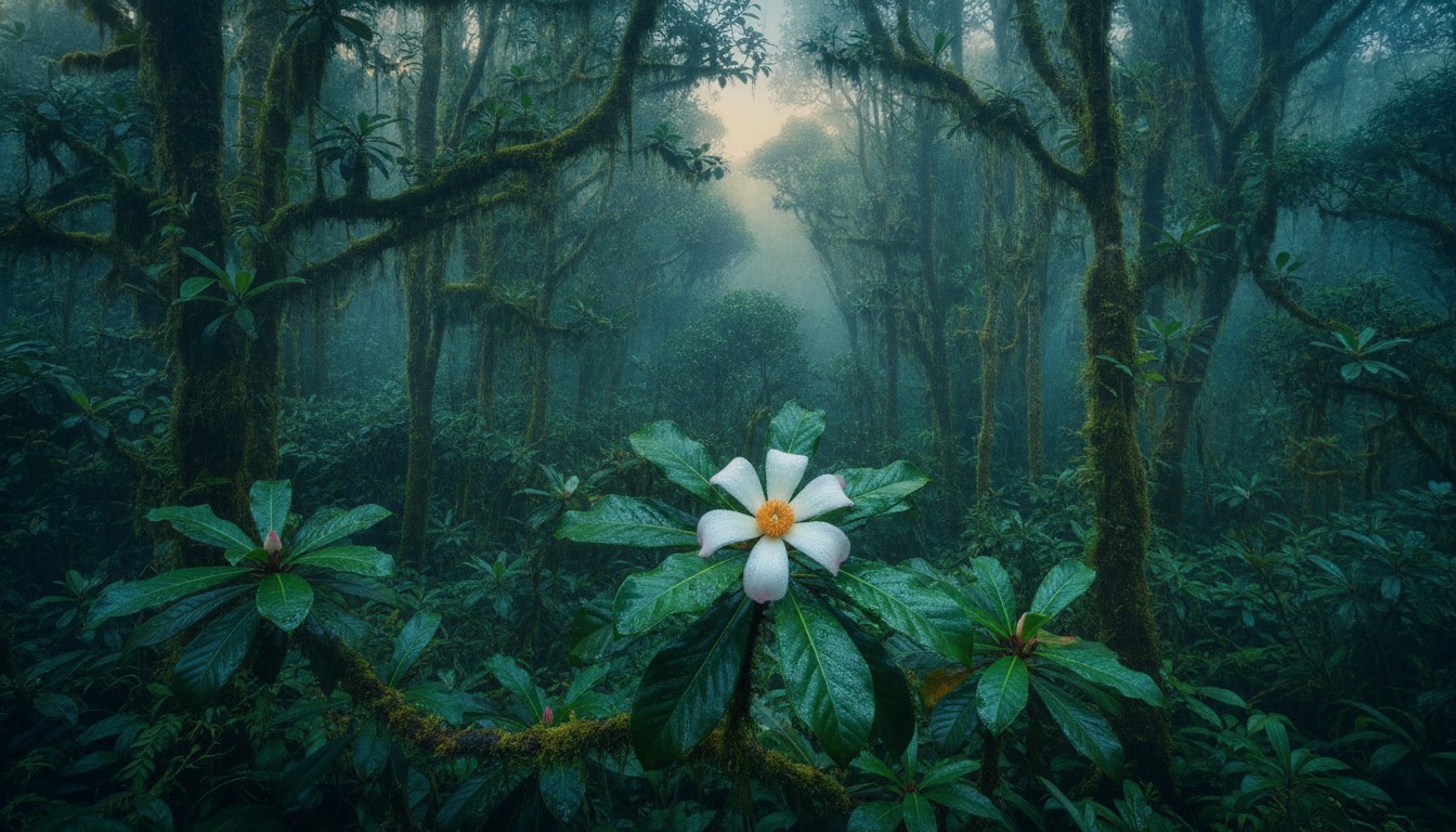 Why These Tropical Trees Breathe at Night to Survive Drought Clusia trees growing in a misty Costa Rican cloud forest at dusk, their thick glossy leaves visible in the foreground