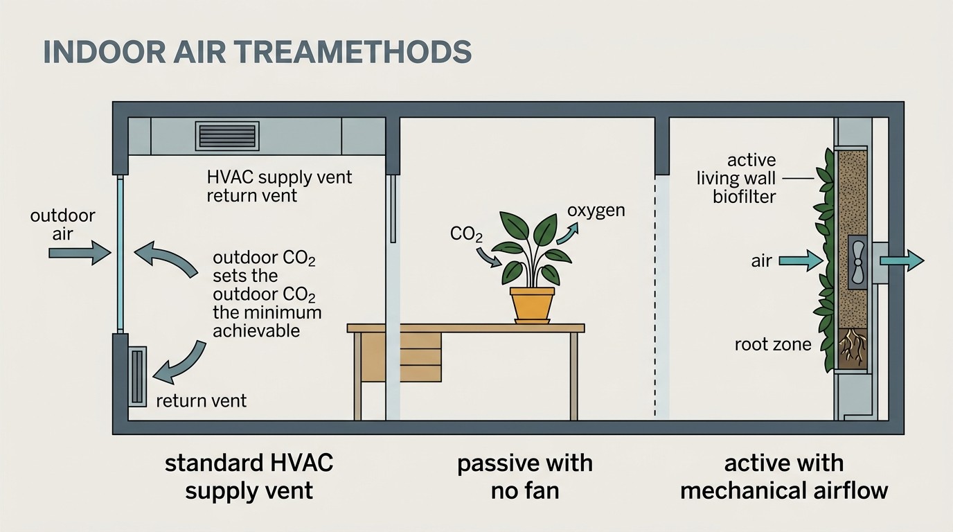 Cross-section diagram comparing how ventilation, a houseplant and an active living wall biofilter each handle indoor carbon dioxide