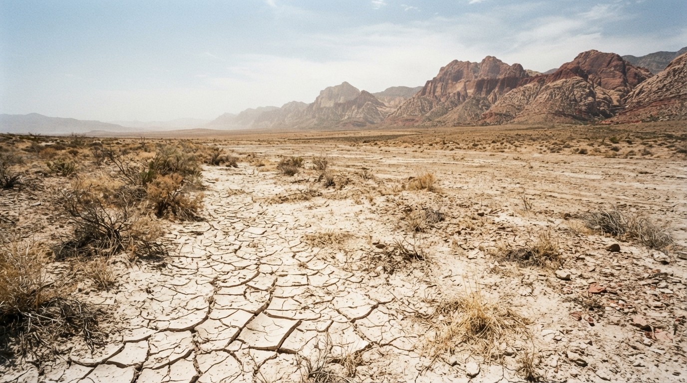 Dry sun-scorched desert basin landscape in the American Southwest during a record-setting drought