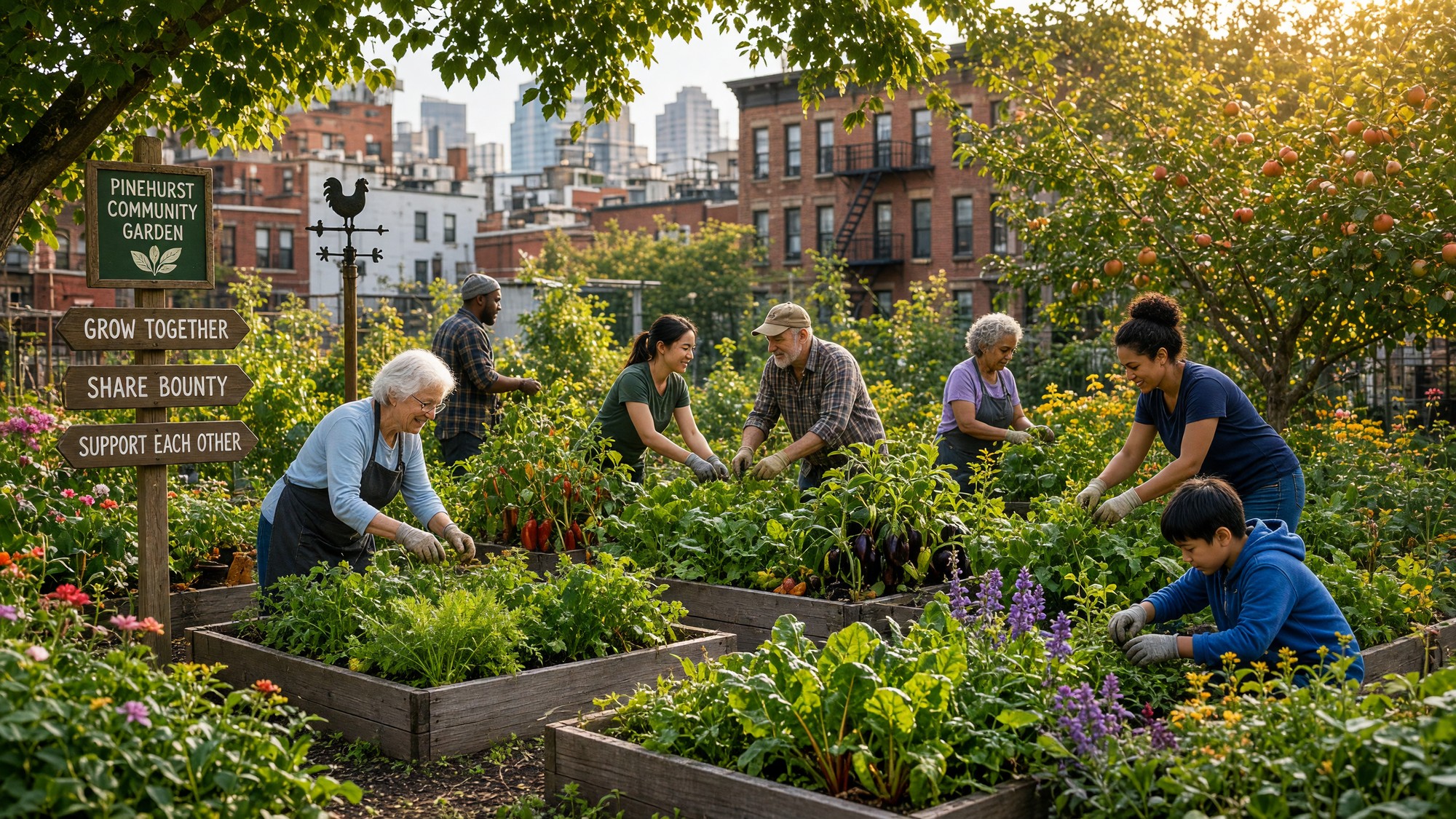Neighbors tending a shared community garden with raised beds, vegetables and flowers in a city.