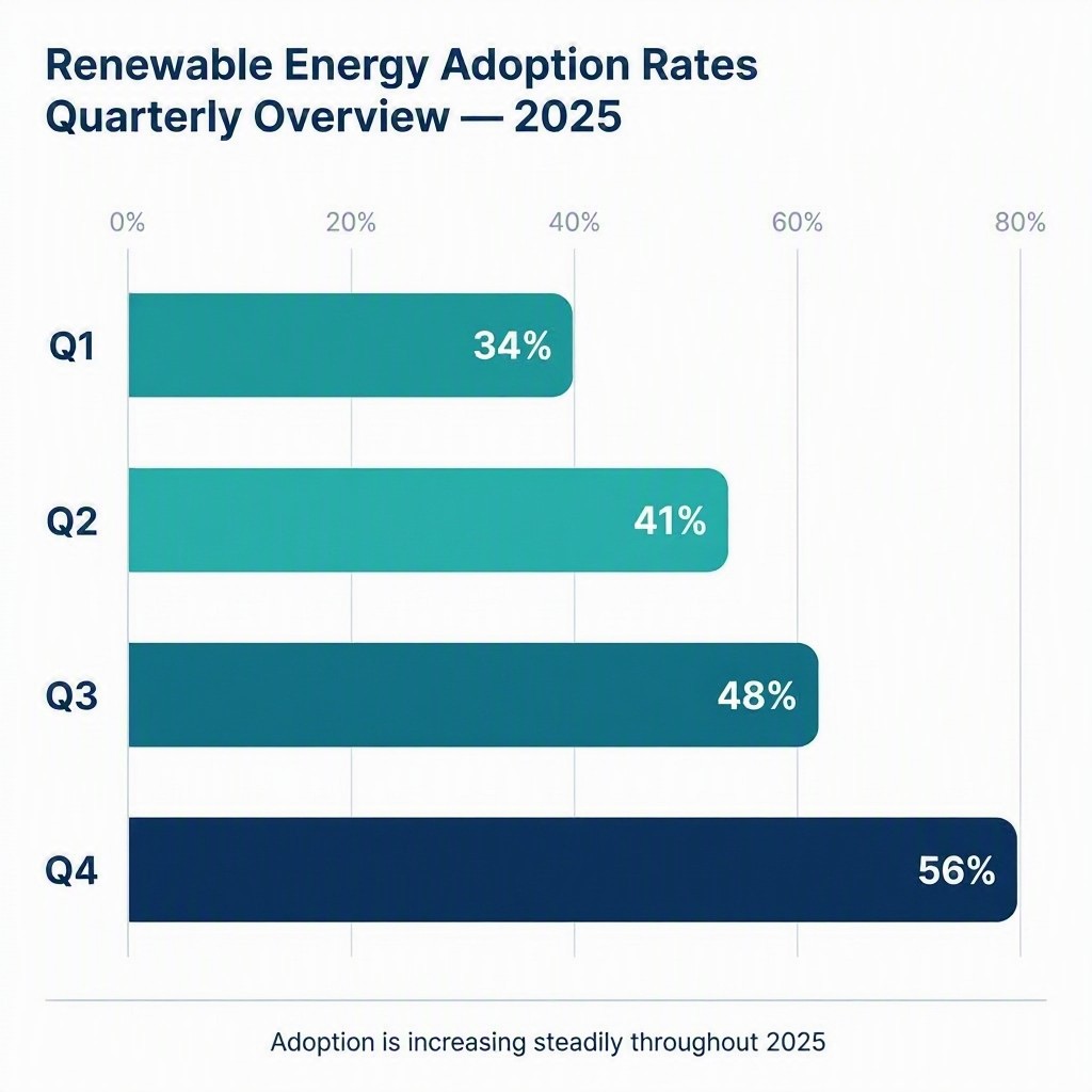 Bar chart showing renewable energy adoption rates rising from 34% in Q1 to 56% in Q4 2025, generated by MAI Image Flash