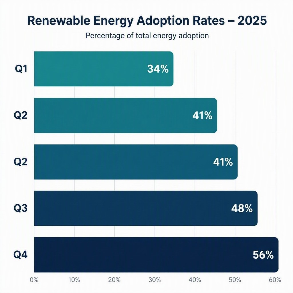 Bar chart showing renewable energy adoption rates rising from 34% in Q1 to 56% in Q4 2025, generated by MAI Image 2.6