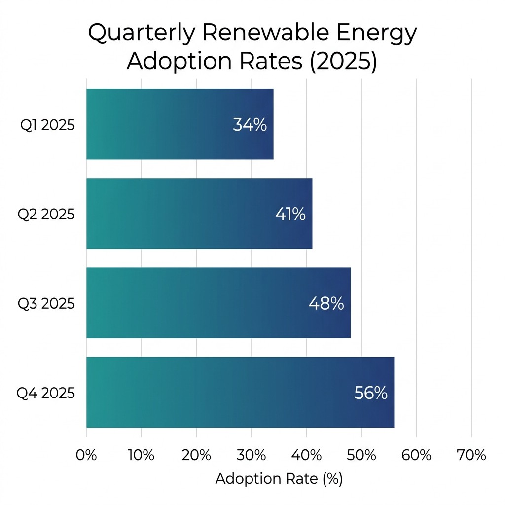 Bar chart showing renewable energy adoption rates rising from 34% in Q1 to 56% in Q4 2025, generated by Nano Banana Pro