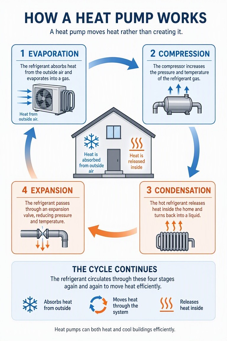 Infographic explaining heat pump operation showing evaporation, compression, condensation, and expansion stages, generated by MAI Image 2.6