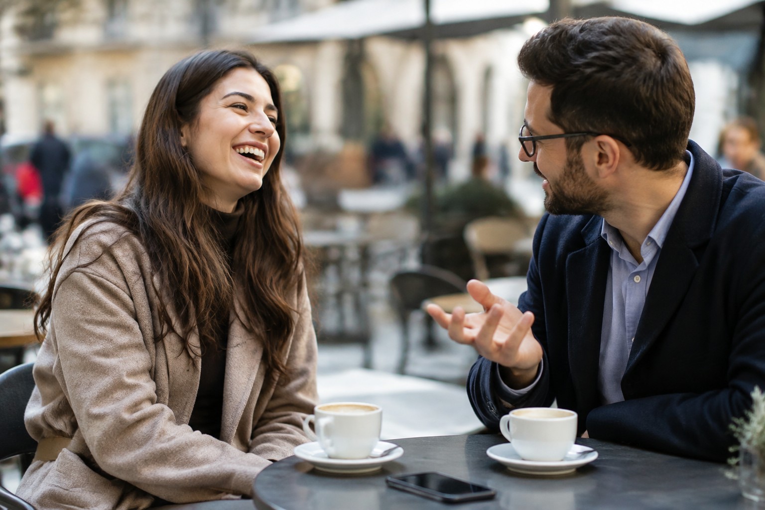 Photorealistic image of two colleagues at a cafe, generated by GPT Image 2.5 Flare at medium quality
