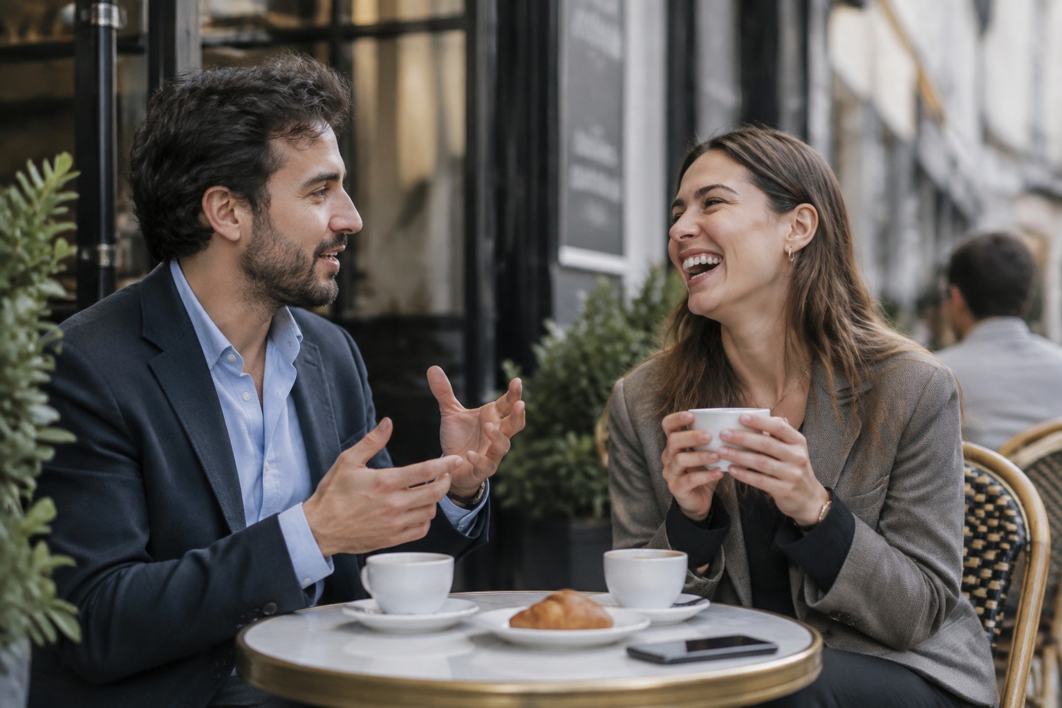 Photorealistic image of two colleagues at a cafe, generated by GPT Image 2.5 Sunburst at medium quality