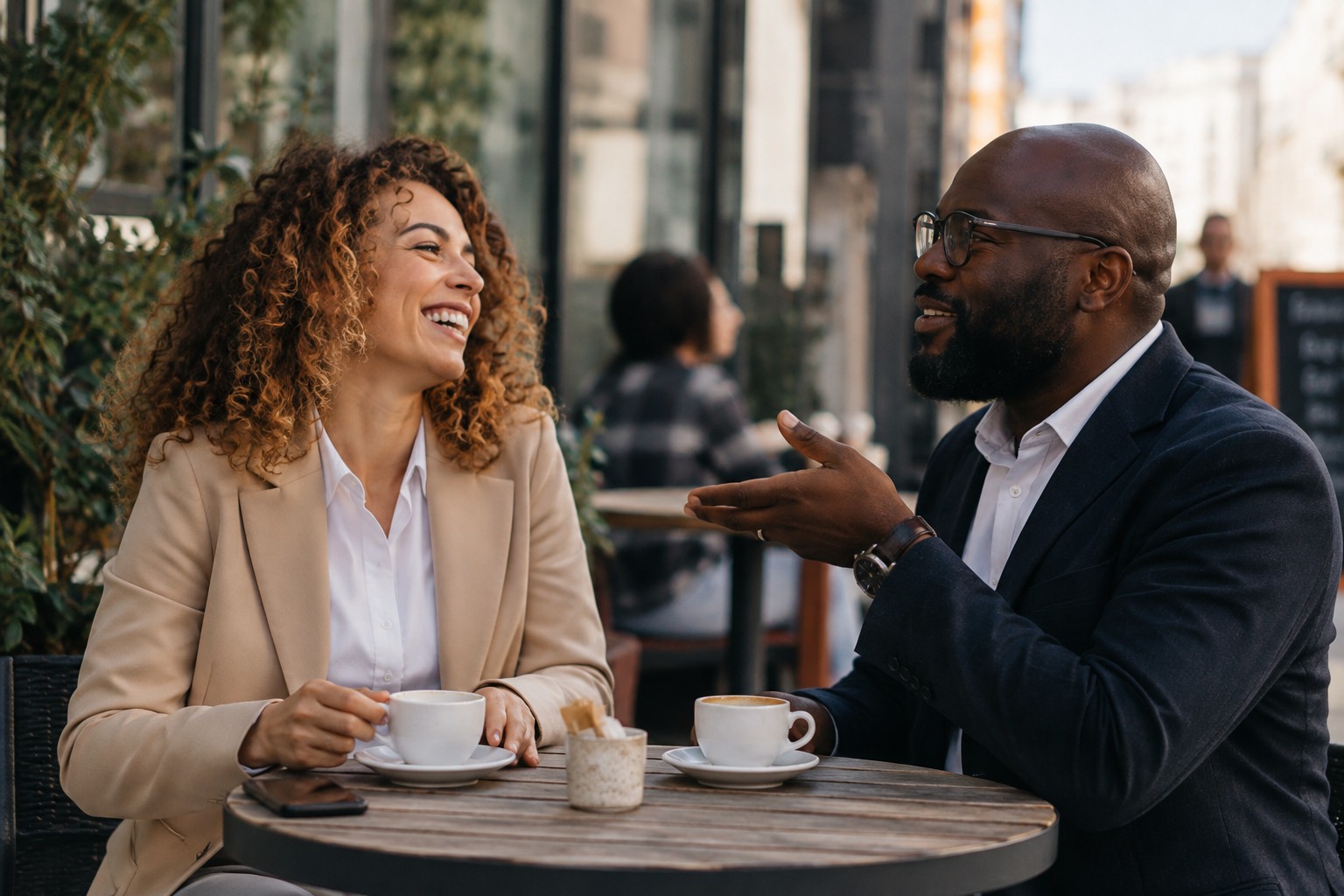 Photorealistic image of two colleagues at a cafe, generated by GPT Image 2.5 Sunburst at medium quality